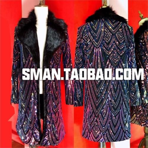 Colorful Sequins Luxury Long Jacket With Black Feather DS DJ Men Singer Dancer Show Bar Vintage Costume Nightclub Party Coat