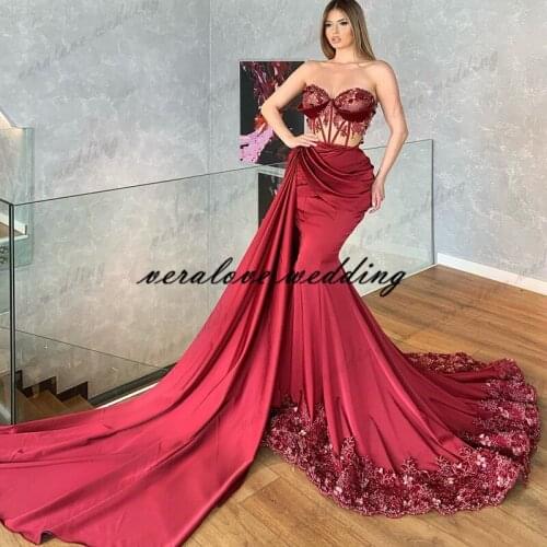 Luxury Red Satin Prom Dresses with Crystal Beaded Sweetheart Mermaid Evening Dress Sleeveless African Graduation Party Gowns