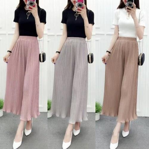 Chiffon Wide Leg Pants Womens Korean Nine Point Pleated Skirt Pants Summer High Waist Loose Casual Pants