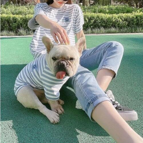 Matching Family Outfit Striped Dog and Owner Shirt for Adult Pet Summer Holiday French Bulldog Clothes for Small Medium Dogs