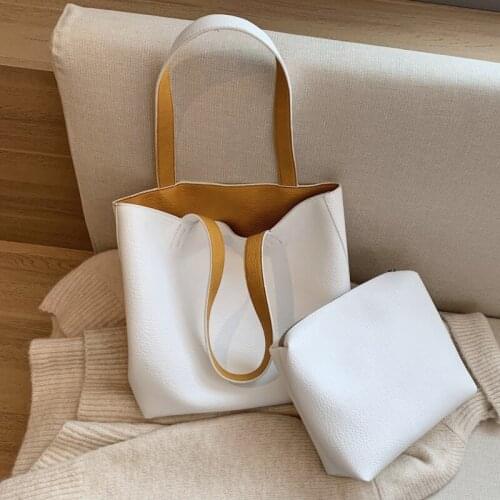 High Quality 2Pcs/set Soft PU Leather Solid Color Woman Shoulder Bags Brand Handbags New Bucket Bags Designer Large Women Bags