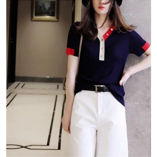 2021 Summer V-Neck T Shirt Women Tshirt Contrast Color Knitted Button Top T-Shirt Woman Clothes Tee Shirt Femme Camisetas Mujer