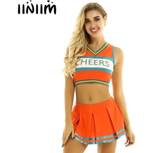 Iiniim Womens Cheers Dancewear Sex Uniform Cheerleader Cosplay Costumes Clubwear Sleeveless Crop Top with Mini Pleated Skirt