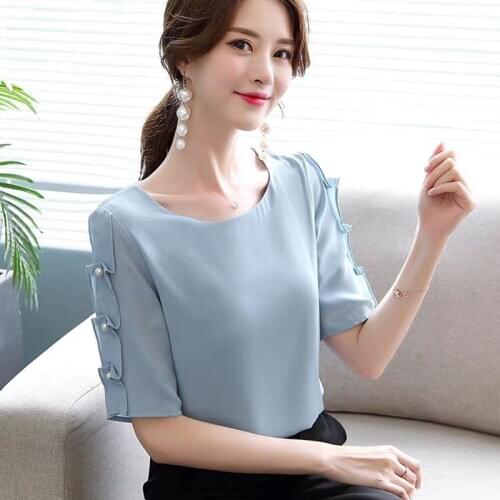 Women Spring Summer Style Chiffon Blouses Shirts Lady Casual O-neck Half Sleeve Chiffon Blusas Tops DD8849