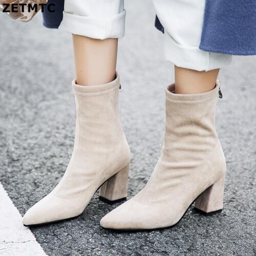 2019 Womens winter Fashion Pointed boots Stretch fabric zipper Ankle Boots Мартин сапоги sexy High heels women Boots