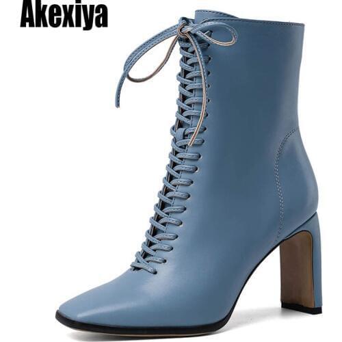 Ankle boots for women 2021 new elegant square heel shoes woman high heel solid vintage boots women lace-up ladies shoes u460