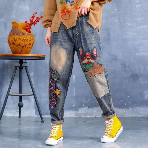 M-XL New Style Women High Waist Embroidered Patch Casual Jeans High Quality Ripped Harem Pants