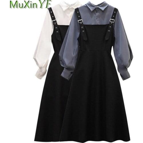 2 Pcs Dress Set Women Large Size Autumn Elegant Office Lady Puff Sleeve Shirt Outfits Fashion Joker Blouse Skirts Sets Female