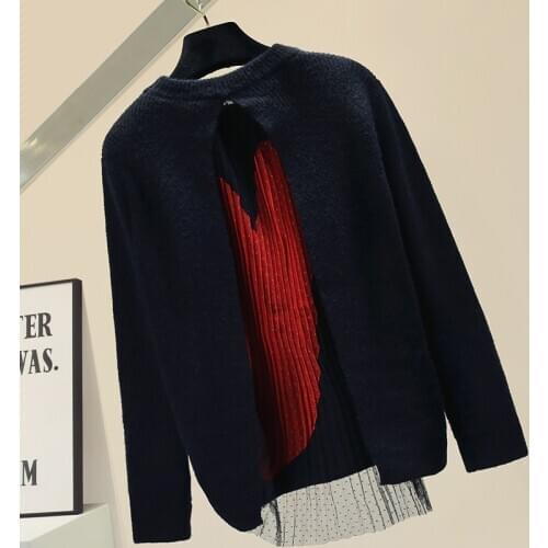 Pullover Stitching Mesh Long-Sleeved Autumn Sweater 2020 New Womens Loose-Fit Knitted Top Lady White Black Casual Sweaters Tops