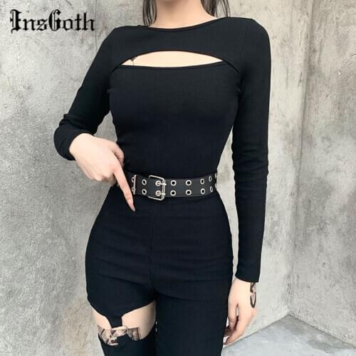 InsGoth Streetwear Long Sleeve Black Basic Tops Gothic Sexy Hollow Out Skinny Tops Punk High Street Chic Tops Women Autumn 2020