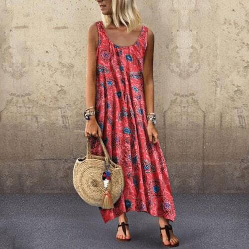 Women Summer Long Dress Sleeveless O Neck Casual Loose Plus Size Dresses Beach Boho Floral Printing Vintage Dress 5XL Oversized