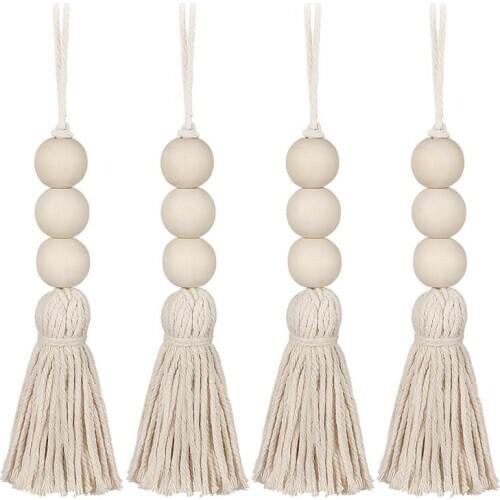 4pcs Cotton Tassel Beads Hanging Natural Wood Beads Hanging Ornaments Closet Door Handle Decorations