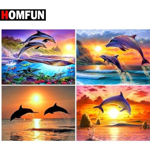 HOMFUN Full Drill Diamond Painting "Dolphin ocean" DIY Picture Of Rhinestone 5D Diamond Embroidery Cross Stitch Decor