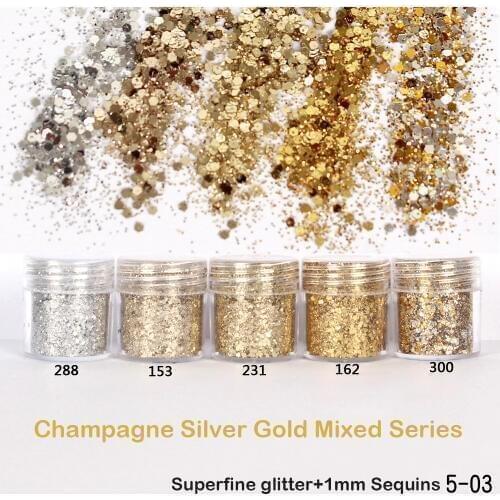 Nail Sequin 1 Jar 10ml Champagne Silver Gold Mixed Shiny Glitter Powder Sequins Powder for Gel Nail Art Decoration Nail Tools