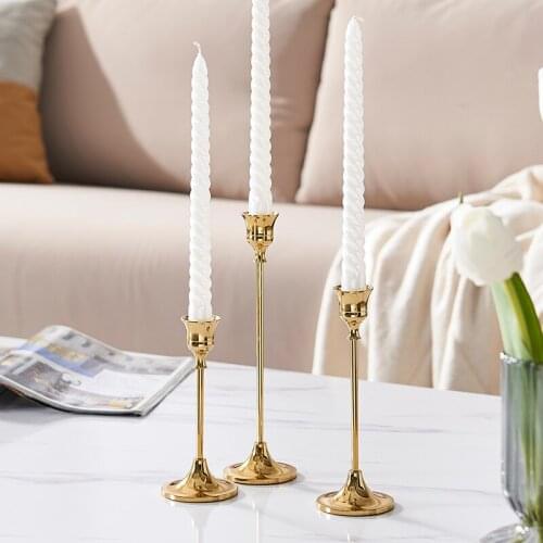 European Modern Simple Shiny Gold Plating Metal Alloy Tabletop Candlestick Holder In Small Middle Large Size With Round Base