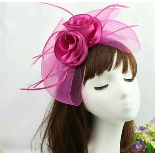 Fuchsia Beige Feather Head Band Fashion Wedding Bridal Fascinator Sinamay Headwear Party/Races/Church/Cocktail Hair Accessories