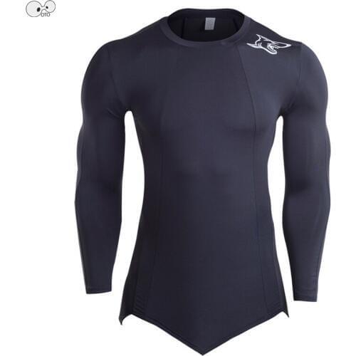 Long Sleeve Sharp Hem Men Gym Fitness T Shirt Printed Quick Dry Elastic Running Shirts Patchwork Mesh Fabric Sportswear MMA Tops