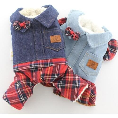 Wholesale 2021 New Autumn Couple Style Dog Dress Pet Jumpsuit Jeans Plaid Fleece Warm Pomeranian Teddy Bichon Small Dog Clothes