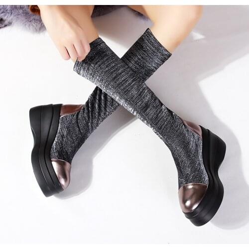YMECHIC 2018 Autumn Stretch Stocking Mid Calf High Platform Punk Boots Wedges Creepers Long Knight Ridding Boots Gothic Shoes