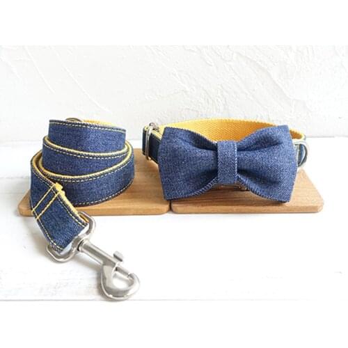 Dog Leash Collar Set With Bow Tie Leash Adjustable Outdoor Cowboy Pet Collar Set Jean Leash Collar Heavy Duty Denim 5 Size