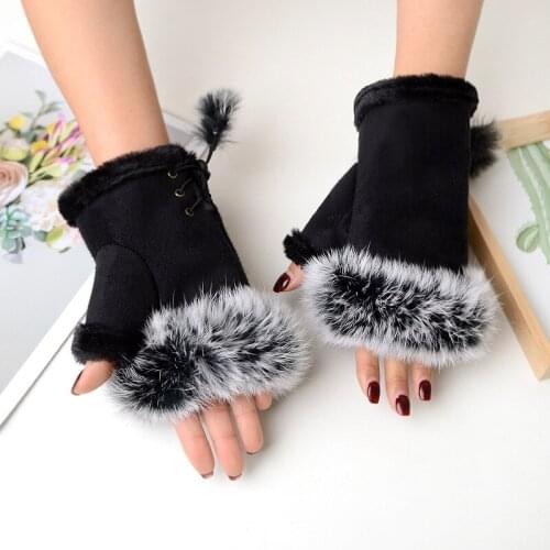 Women Winter Faux Rabbit Fur Velvet Thick Half Finger Driving Gloves For Sports Cycling Suede Leather Plush Cold Warm Mitten R19