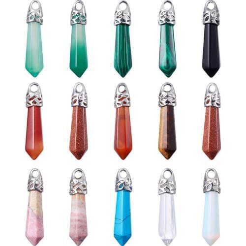 20pcs Semi-precious Stone Charms Pendants Bullet Mixed Stone Necklace Dangle Brass Jewelry Making Accessories 33~40x8~10mm