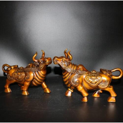 Home Christmas Decorations Gifts,Chinese Antique Collection,Old Copper 1 Pair OX Sculpture/Big Cow Statue,Long 26CM Height 20CM