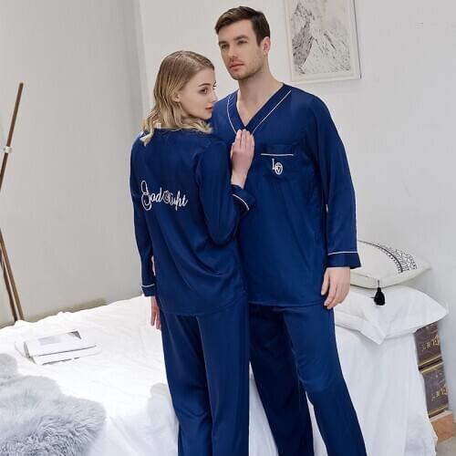 FZSLCYIYI Silk Couples Pajamas Pullover V-neck Long sleeve Long pants Suit Embroidered Decoration Sets Homewear Satin Pajamas