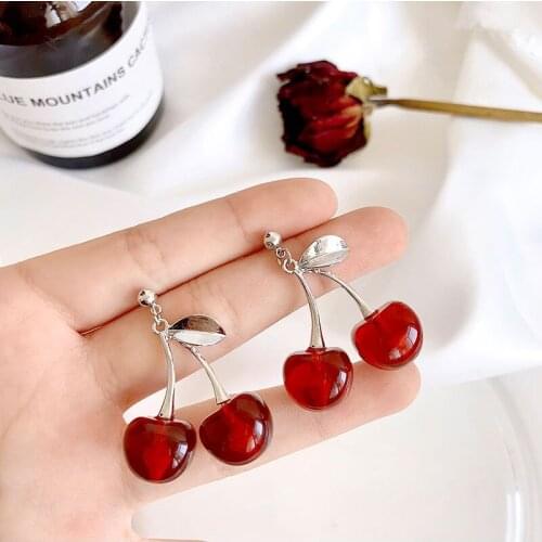 Cute Romantic Cherry Earrings for Women Emulational Resin Fruit Earings Jewelry Hanging Womens Korean Earrings Jewelry Gifts