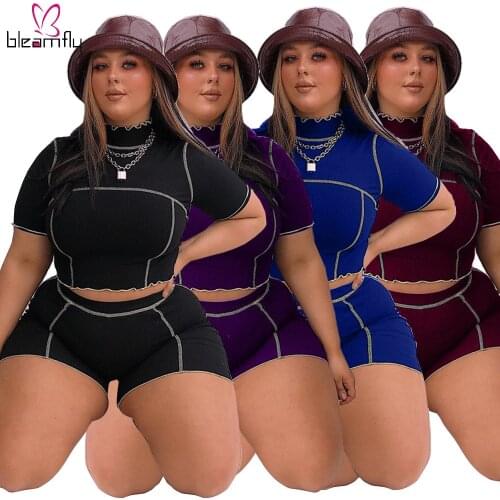 Sports 2 Piece Set Summer Tracksuit Womens Clothing Crop Top And Biker Shorts Two Piece Skinny Casual Outfits Plus Size 3XL 4XL