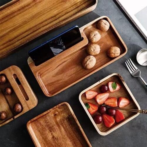 1Pcs Nordic Style Acacia Wood Serving Plate Kitchen Living Room Dessert Sushi Snack Plate Dry Fruit Tray With Phone Holder Hole