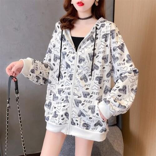 Womens Spring Autumn Zipper Hoodies Thin Long Sleeve Print Hooded Sweatshirt Casual Korean Loose Tops Hoodie Tracksuit Female