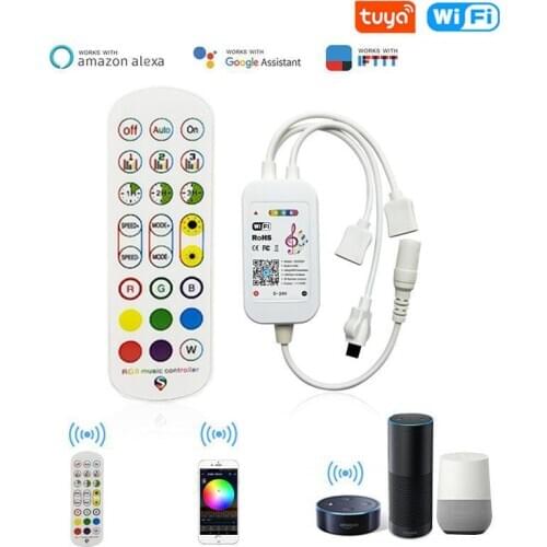Tuya WiFi Smart LED Controller 4Pin RGB LED Strip Light Music RGB Contoller 5-24V 24key Remote Voice APP Control Work with Alexa