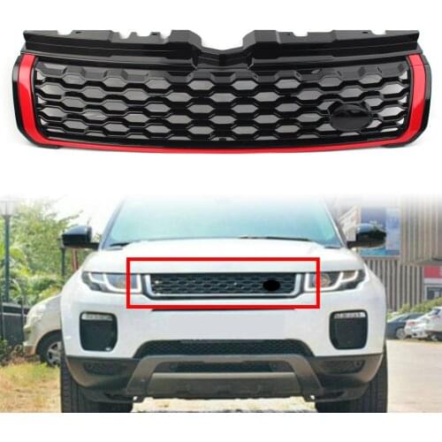 Car Front Grille Upper Grill w/ Emblem For Land Rover Range Rover Evoque 2010 2011 2012 2013 2014 2015 2016 2017 2018 Black+Red