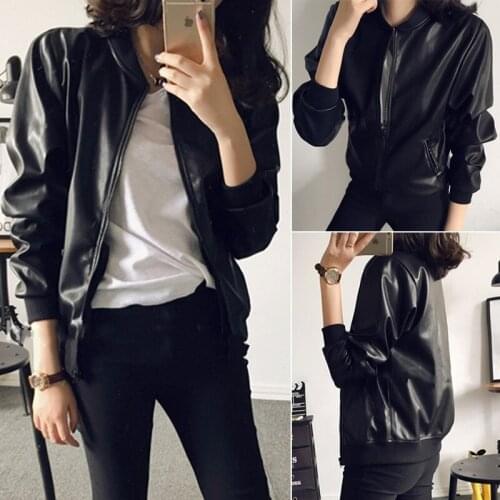 Womens Biker Jacket Cardigan Vintage Black Long Sleeves Loose Zipper Leather Top Wholesale Autumn 2021 New Fashion Lady Clothes