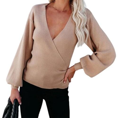 Women Fashion Sexy Blouse Deep V-neck Lantern Sleeve Knitted Autumn Solid Color Top for Daily Streetwear Wear