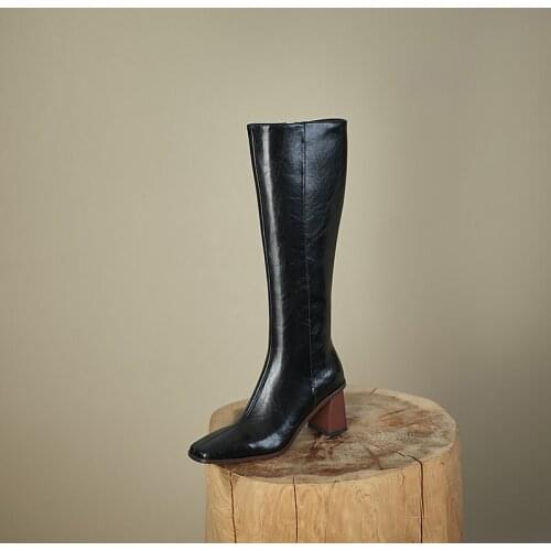 2021 New Modern Boots Women Shoes Real Leather Knee-High Boots Square Toe Heels Zip Long Boots Autumn Winte