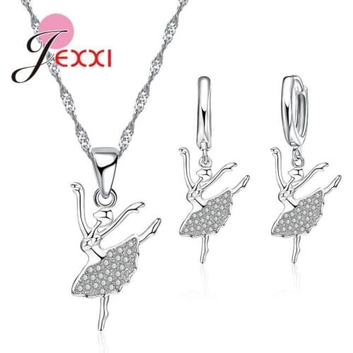Women CZ Jewelry Sets 925 Sterling Silver Wedding Gifts Austrian Crystal Dancing Girl Earrings Necklace Party Accessory