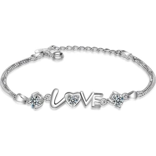 925 Sterling Silver Crystal Heart LOVE Letter Charm Korean Bracelet &Bangle Handmade Wedding Jewelry For Women SL090