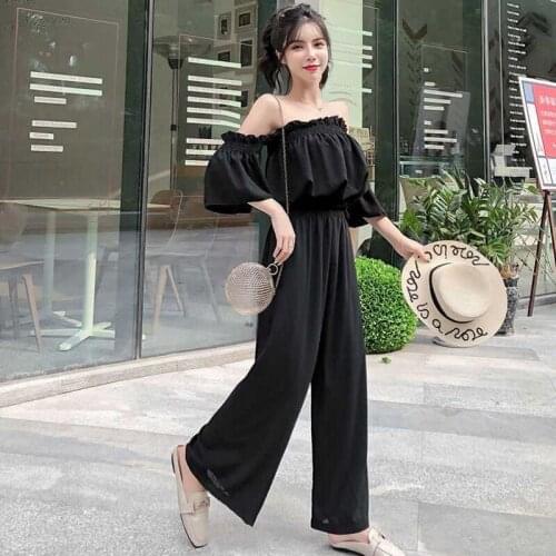2020 new summer new women solid slash neck flare sleeve ruffle chiffon shirt + high waist wide leg pants suit female two piece s