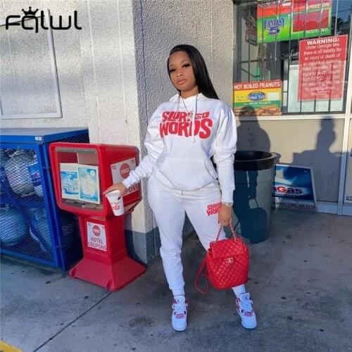 FQLWL Letter Print Ladies Tracksuit Female 2 Two Piece Set Women Outfits Oversized Hoodie Joggers Sweat Pants Suit Matching Sets