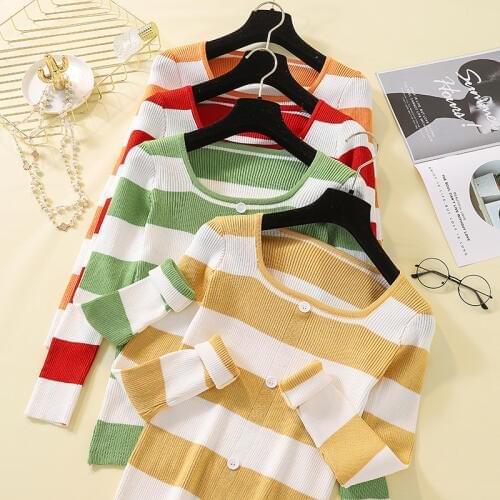 Women Striped Square Collar Button Pullovers Ladies Winter knit Red Orange jumper elasticity Autumn Long Sleeve 2019 Sweaters