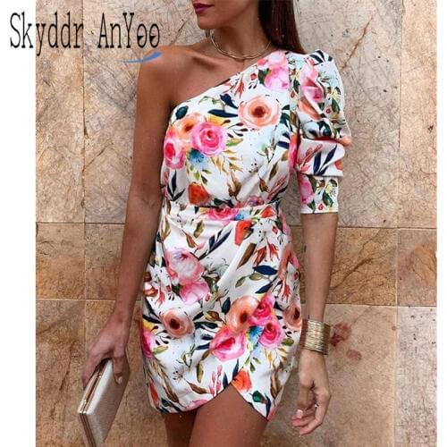 2020 Women One Shoulder Sexy Bodycon Dress Floral Print Mini Short Dress Fashion Elegant Club Party Dress Vestidos Mujer