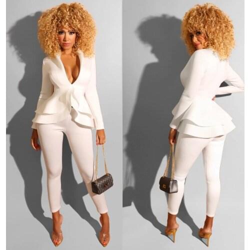 2 PCS Women OL Solid Color Outfits Long Sleeve Deep V-neck Layered Ruffles Hem Blazer Ankle-length Long Pants Formal Sets