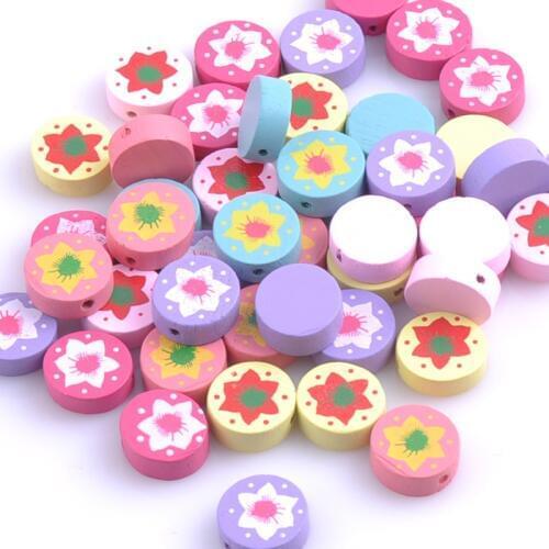 Mixed Flower painted Round Wooden Spacer Beads For Jewelry making 17mm 50pcs MT0776