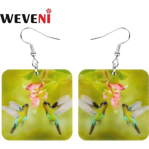 WEVENI Acrylic Square Green Hummingbird Earrings Flower Big Bird Animal Dangle Drop Jewelry For Women Girls Spring Decoration