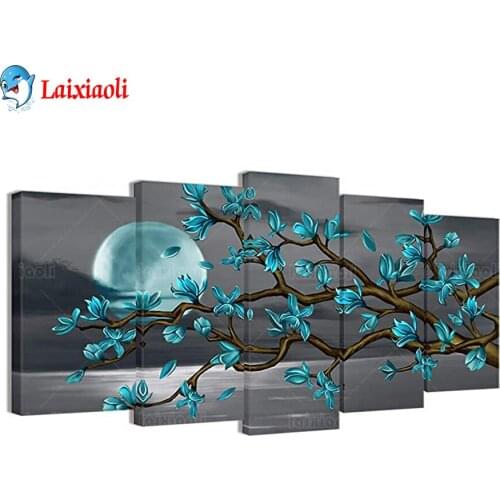 Diamond painting Visual art 5 pcs decoration beautiful flower full drill mosaic wall art abstract blue green magnolia sea flower