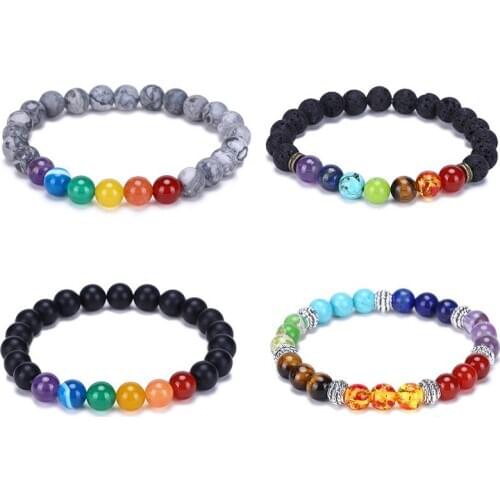 2019 New 4 Style Chakra Bracelets Natural Stone Black Lava Beads Bracelet Women Men Balance Yoga Buddha Prayer Jewelry 8mm