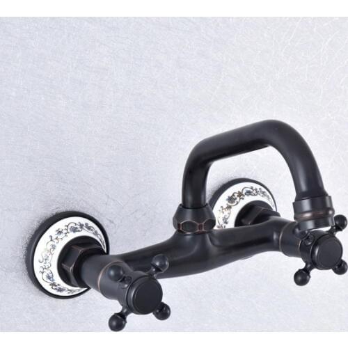 Black Oil Rubbed Bronze Brass Wall Mounted Dual Cross Handles Kitchen Bathroom Vessel Sink Faucet Mixer Taps asf728