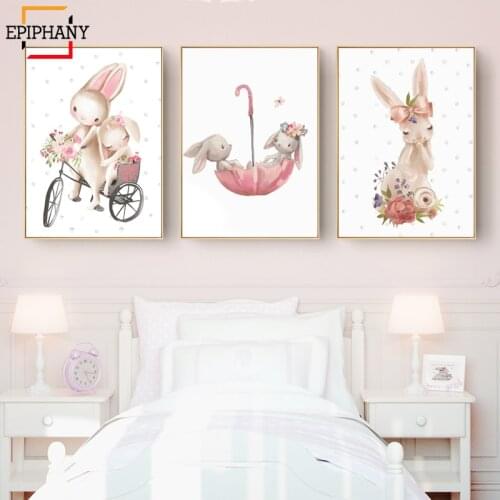 Woodland Bunny Print Floral Boho Nursery Wall Art Rabbit Canvas Painting Posters Cute Cartoon Animal Kids Girls Bedroom Decor